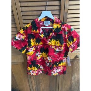 Pacific Legend Hawaiian Aloha Shirt Small Red Sunset Palm Tree Hibiscus NWT